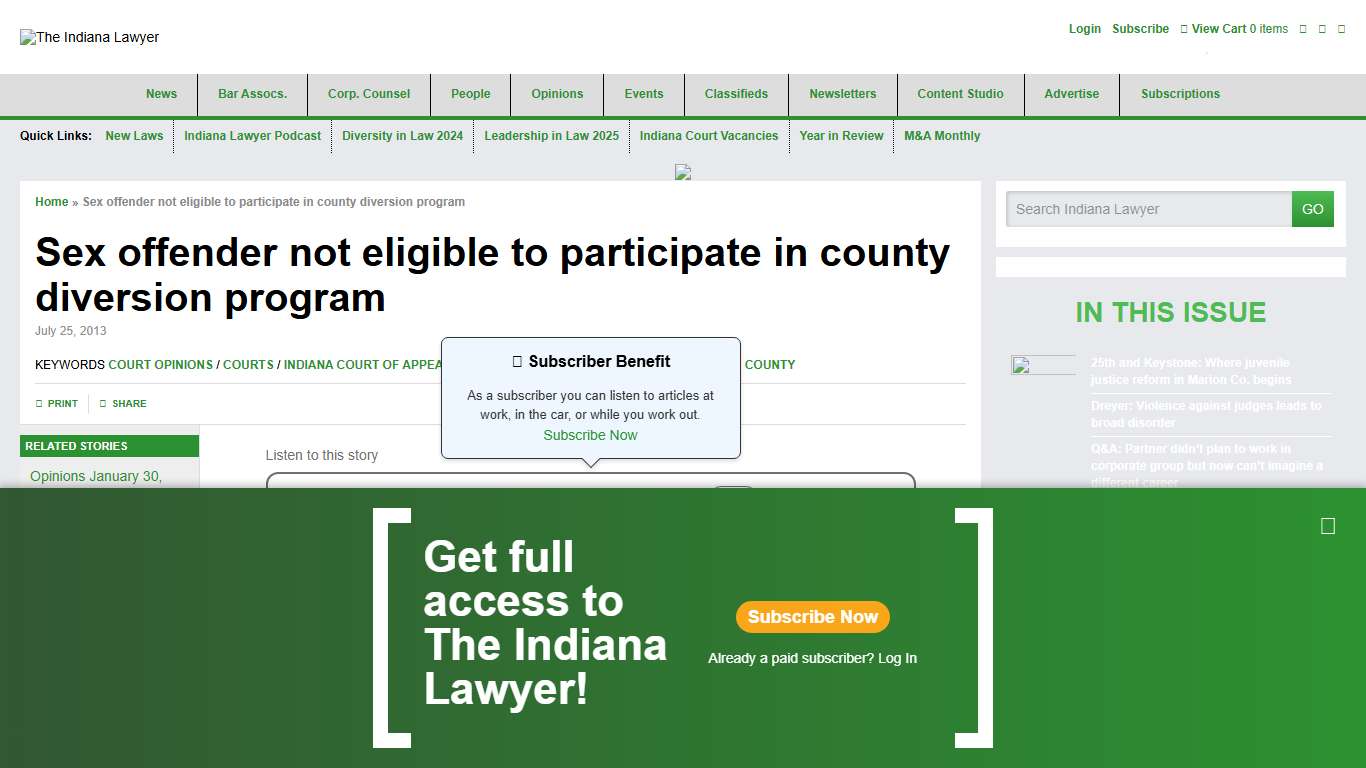 Sex offender not eligible to participate in county diversion program - The Indiana Lawyer